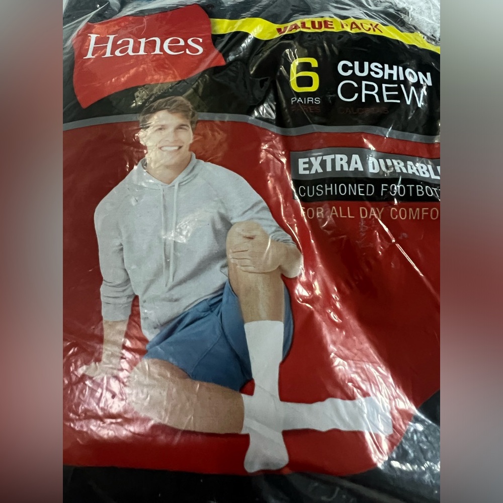 🔥HANES ATHLETIC CUSHION CREW BLACK SOCKS 6 PAIRS MEN'S SIZE LARGE 6-12 NWT USA